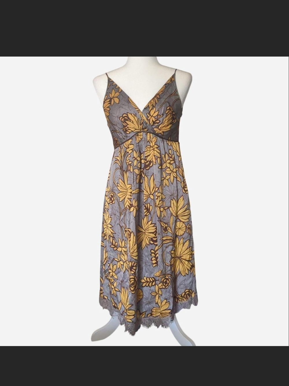 VTG Hanii Y 100% Silk Floral Lace Slip Dress IT 42 Gray Gold Fairycore